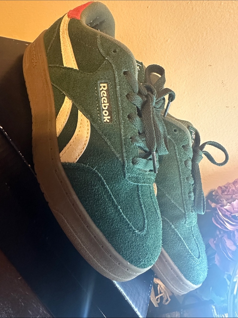 Reebok Green Suede Sneakers with Cream Stripes and Red Heel